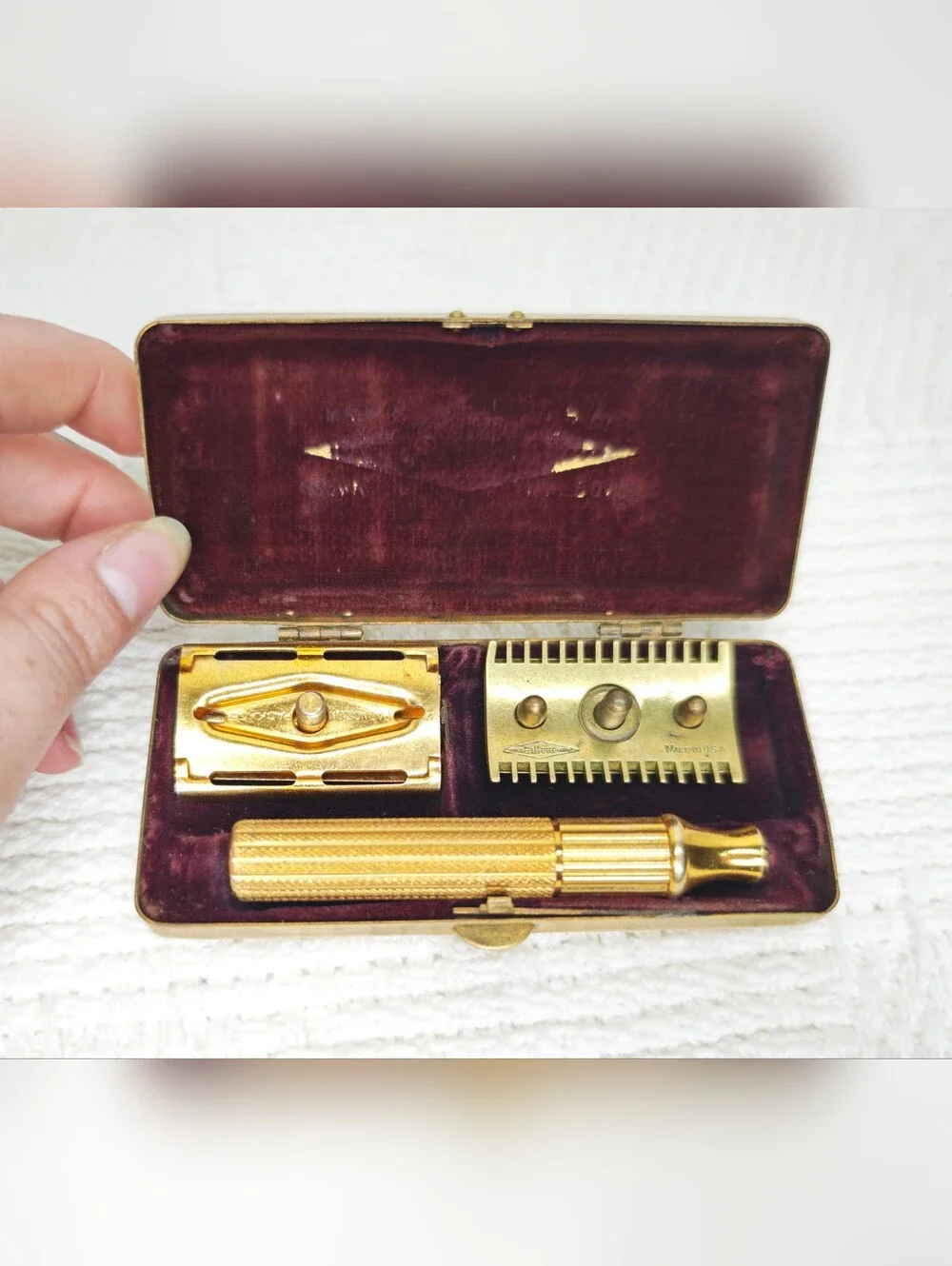 Vintage Gilette safety razor with brass travel case